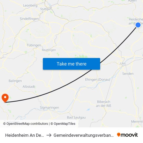 Heidenheim An Der Brenz to Gemeindeverwaltungsverband Heuberg map