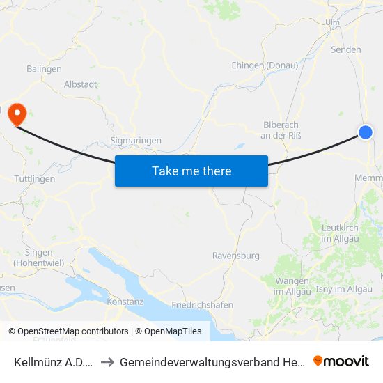 Kellmünz A.D.Iller to Gemeindeverwaltungsverband Heuberg map