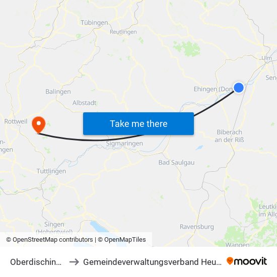 Oberdischingen to Gemeindeverwaltungsverband Heuberg map