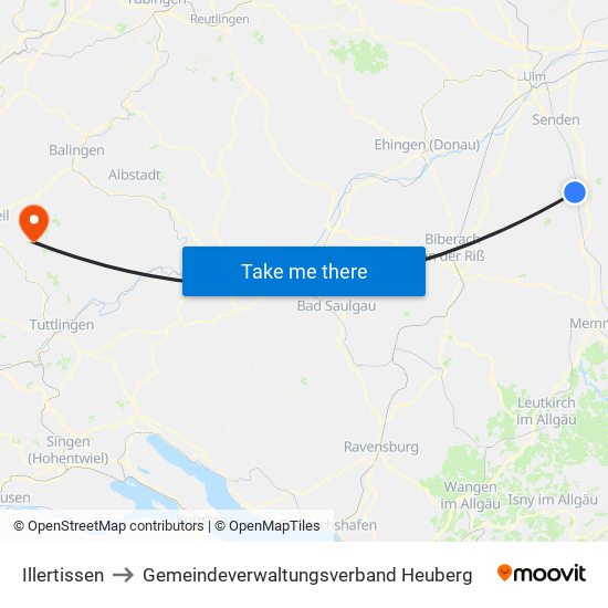 Illertissen to Gemeindeverwaltungsverband Heuberg map