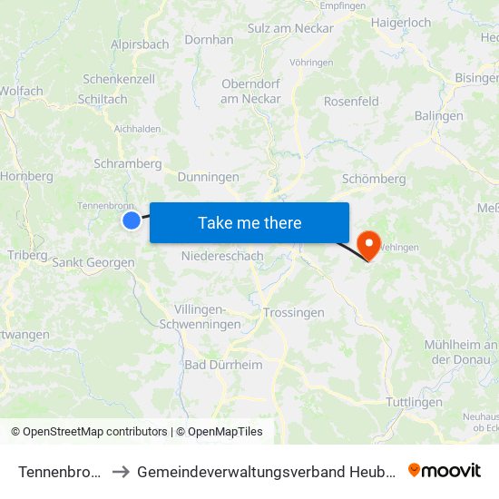 Tennenbronn to Gemeindeverwaltungsverband Heuberg map