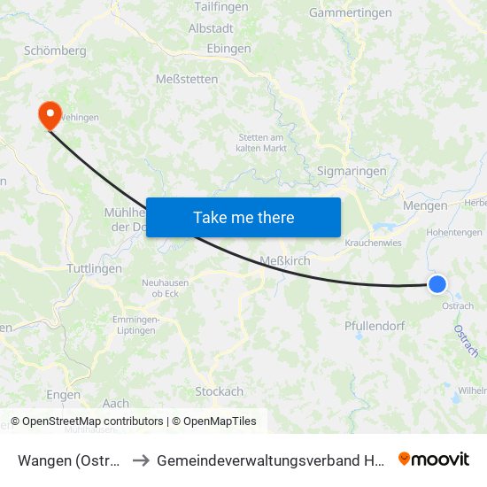 Wangen (Ostrach) to Gemeindeverwaltungsverband Heuberg map