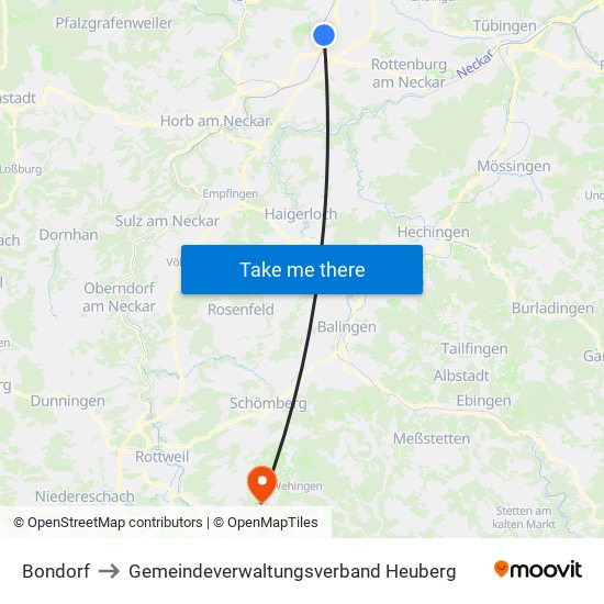 Bondorf to Gemeindeverwaltungsverband Heuberg map