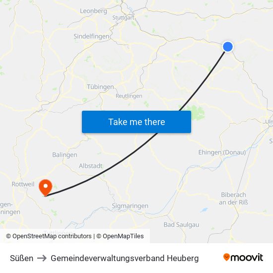 Süßen to Gemeindeverwaltungsverband Heuberg map