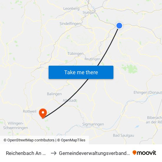 Reichenbach An Der Fils to Gemeindeverwaltungsverband Heuberg map