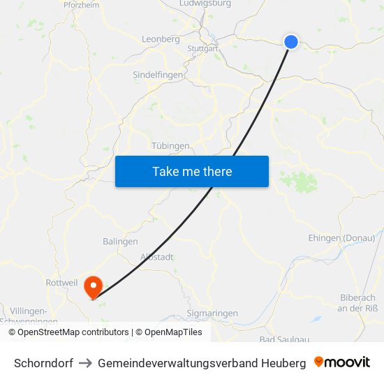 Schorndorf to Gemeindeverwaltungsverband Heuberg map