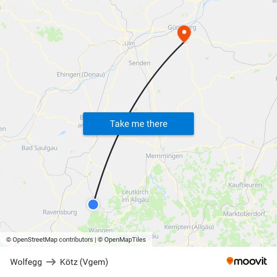 Wolfegg to Kötz (Vgem) map
