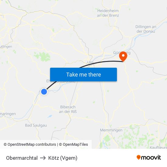 Obermarchtal to Kötz (Vgem) map