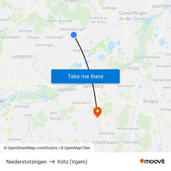 Niederstotzingen to Kötz (Vgem) map