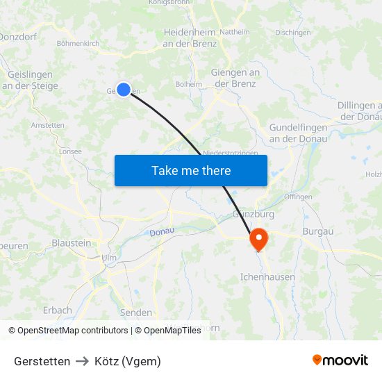 Gerstetten to Kötz (Vgem) map