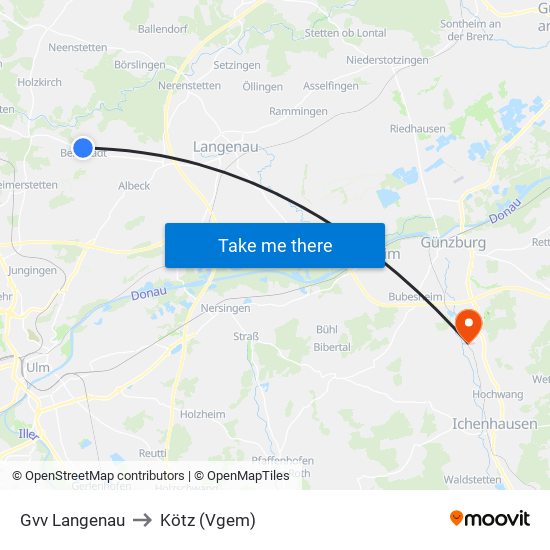 Gvv Langenau to Kötz (Vgem) map