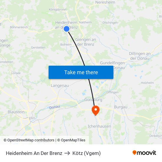 Heidenheim An Der Brenz to Kötz (Vgem) map
