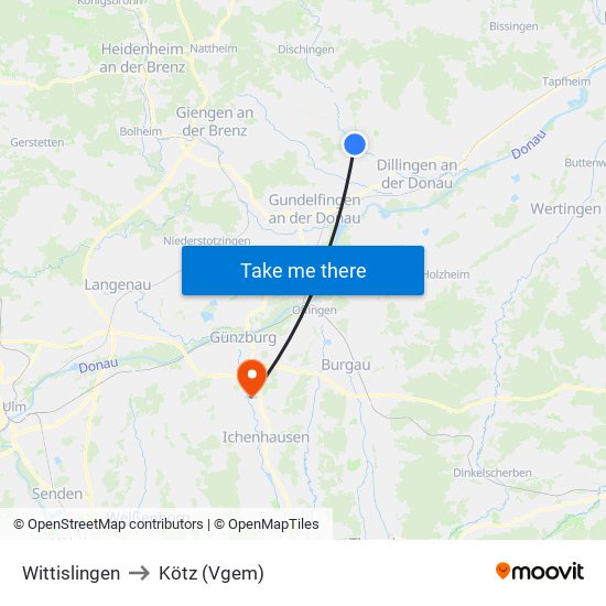 Wittislingen to Kötz (Vgem) map