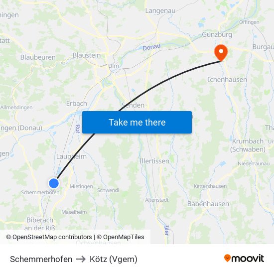 Schemmerhofen to Kötz (Vgem) map