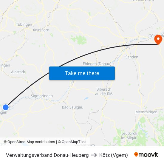 Verwaltungsverband Donau-Heuberg to Kötz (Vgem) map