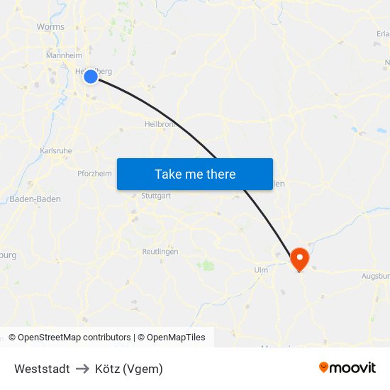 Weststadt to Kötz (Vgem) map