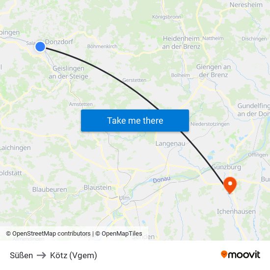 Süßen to Kötz (Vgem) map