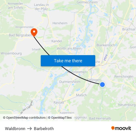 Waldbronn to Barbelroth map