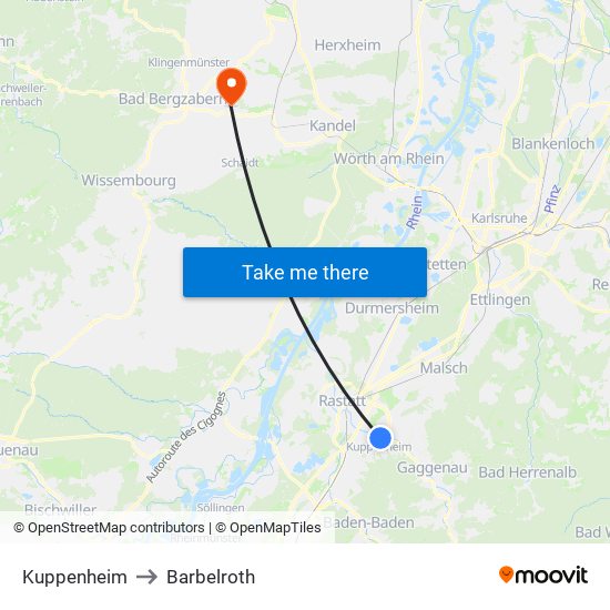 Kuppenheim to Barbelroth map