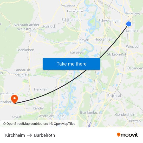 Kirchheim to Barbelroth map