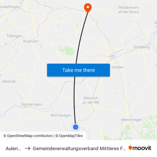 Aulendorf to Gemeindeverwaltungsverband Mittleres Fils-Lautertal map