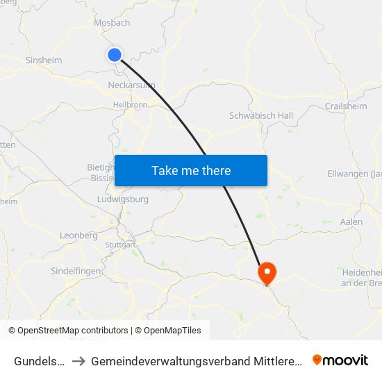 Gundelsheim to Gemeindeverwaltungsverband Mittleres Fils-Lautertal map