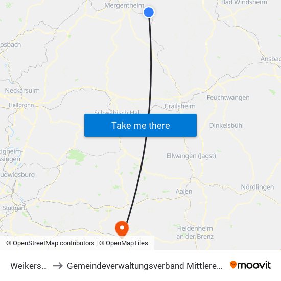 Weikersheim to Gemeindeverwaltungsverband Mittleres Fils-Lautertal map