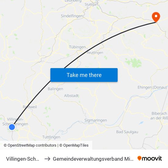 Villingen-Schwenningen to Gemeindeverwaltungsverband Mittleres Fils-Lautertal map