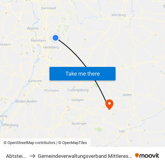 Abtsteinach to Gemeindeverwaltungsverband Mittleres Fils-Lautertal map