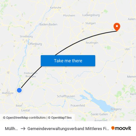 Müllheim to Gemeindeverwaltungsverband Mittleres Fils-Lautertal map