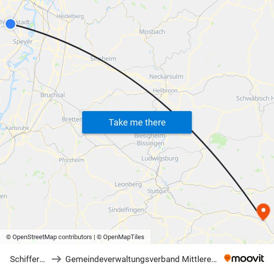 Schifferstadt to Gemeindeverwaltungsverband Mittleres Fils-Lautertal map