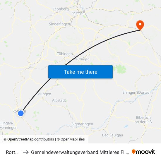 Rottweil to Gemeindeverwaltungsverband Mittleres Fils-Lautertal map