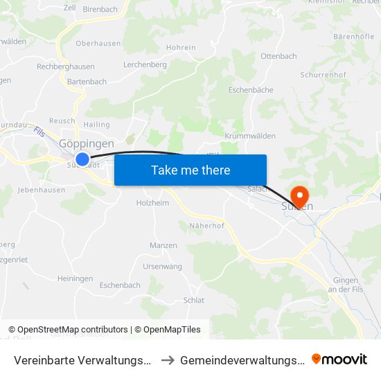 Vereinbarte Verwaltungsgemeinschaft Der Stadt Göppingen to Gemeindeverwaltungsverband Mittleres Fils-Lautertal map
