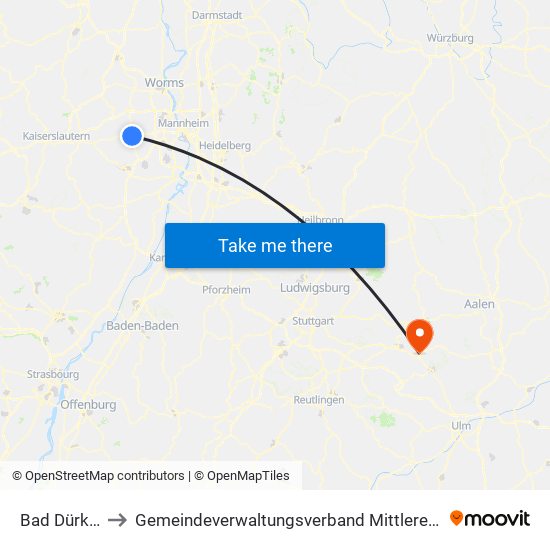 Bad Dürkheim to Gemeindeverwaltungsverband Mittleres Fils-Lautertal map