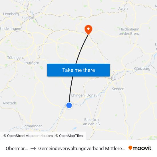 Obermarchtal to Gemeindeverwaltungsverband Mittleres Fils-Lautertal map