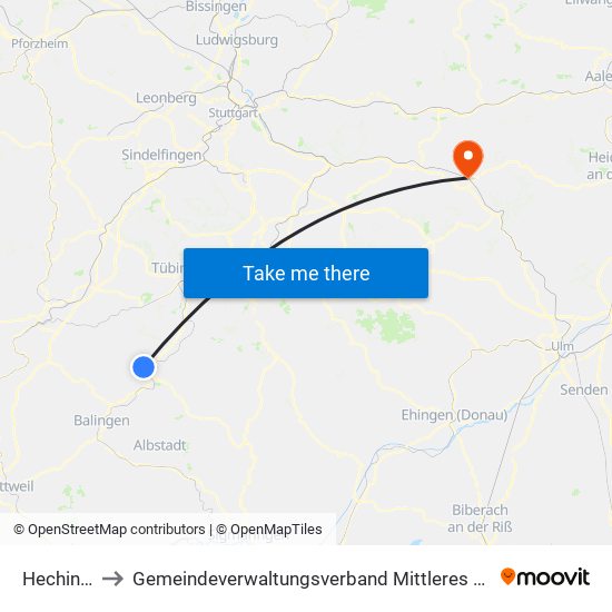 Hechingen to Gemeindeverwaltungsverband Mittleres Fils-Lautertal map