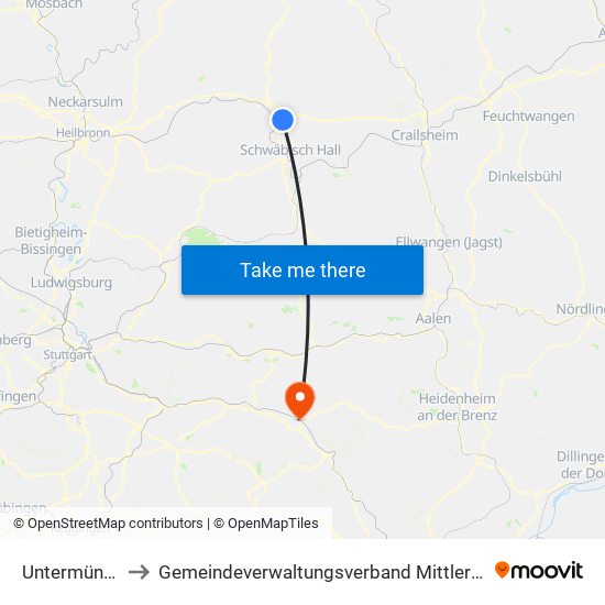 Untermünkheim to Gemeindeverwaltungsverband Mittleres Fils-Lautertal map