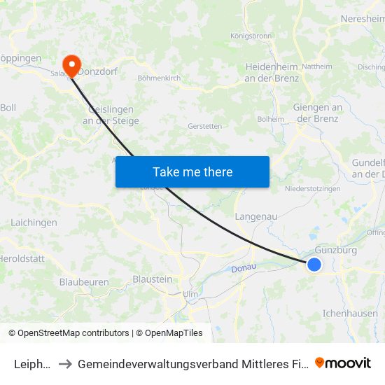 Leipheim to Gemeindeverwaltungsverband Mittleres Fils-Lautertal map