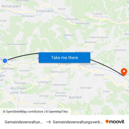 Gemeindeverwaltungsverband Plochingen to Gemeindeverwaltungsverband Mittleres Fils-Lautertal map