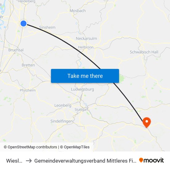 Wiesloch to Gemeindeverwaltungsverband Mittleres Fils-Lautertal map