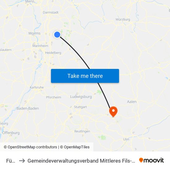 Fürth to Gemeindeverwaltungsverband Mittleres Fils-Lautertal map