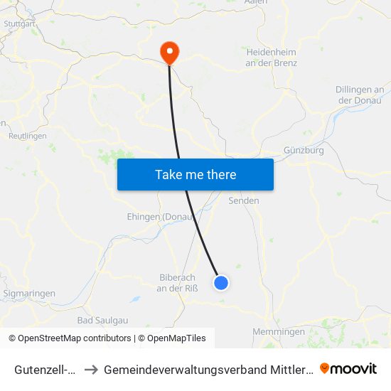 Gutenzell-Hürbel to Gemeindeverwaltungsverband Mittleres Fils-Lautertal map