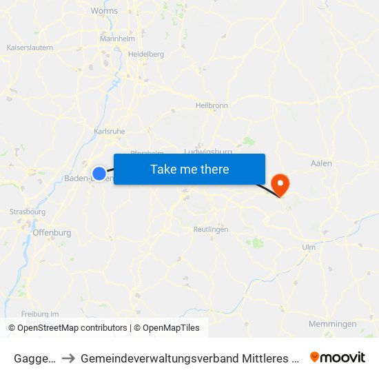 Gaggenau to Gemeindeverwaltungsverband Mittleres Fils-Lautertal map