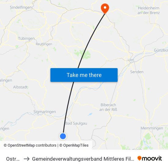 Ostrach to Gemeindeverwaltungsverband Mittleres Fils-Lautertal map