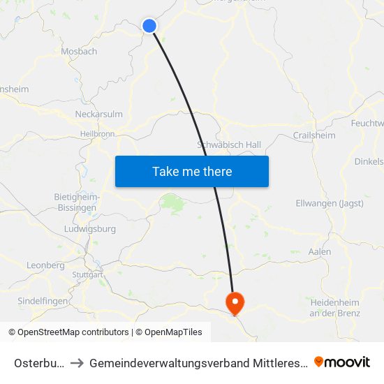 Osterburken to Gemeindeverwaltungsverband Mittleres Fils-Lautertal map