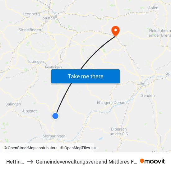 Hettingen to Gemeindeverwaltungsverband Mittleres Fils-Lautertal map