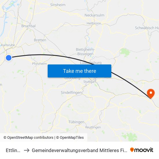 Ettlingen to Gemeindeverwaltungsverband Mittleres Fils-Lautertal map