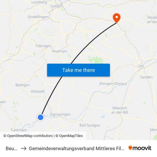 Beuron to Gemeindeverwaltungsverband Mittleres Fils-Lautertal map