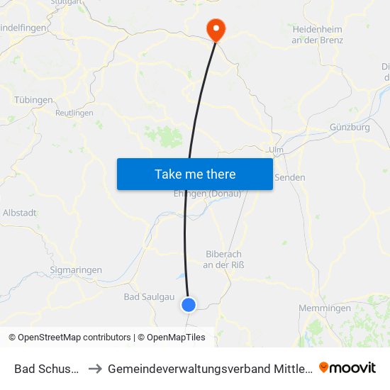 Bad Schussenried to Gemeindeverwaltungsverband Mittleres Fils-Lautertal map