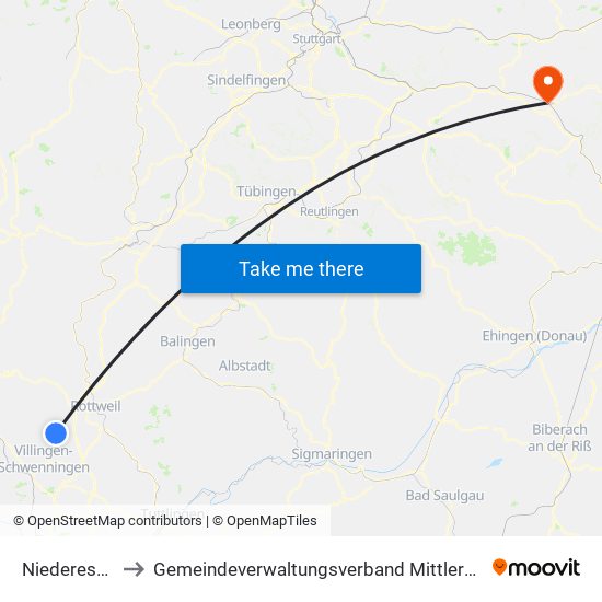 Niedereschach to Gemeindeverwaltungsverband Mittleres Fils-Lautertal map